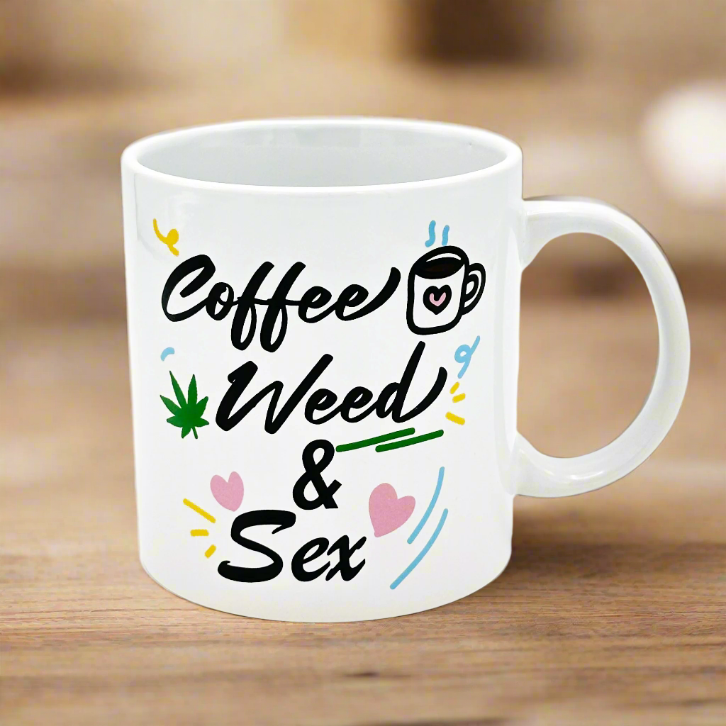 A white ceramic mug with 'COFFEE WEED SEX' text and illustrations of a cup and a heartbeat line.