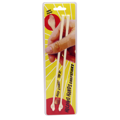Packaging for Helping Hands Chopsticks, showing the chopsticks and a graphic of hands holding them.