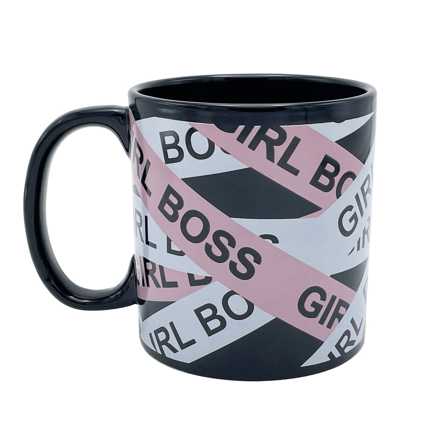 giant 22 ounce black mug with 'Girl Boss' text pattern on a pink and white background