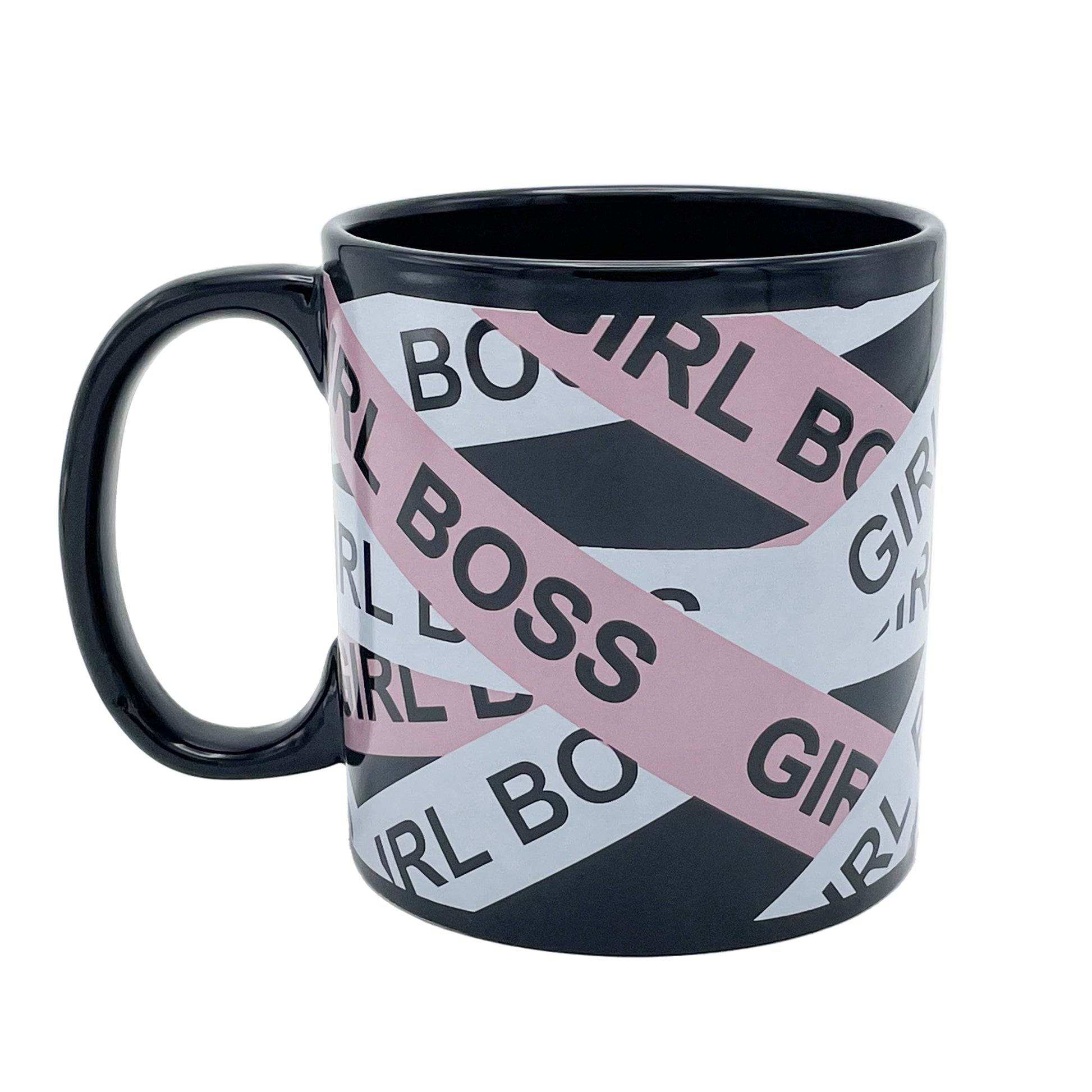 giant 22 ounce black mug with 'Girl Boss' text pattern on a pink and white background