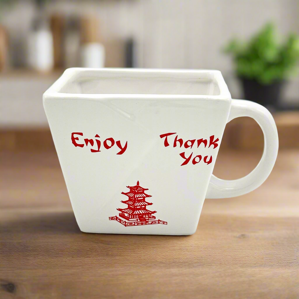 ceramic mug designed to look like a chinese food takeout container