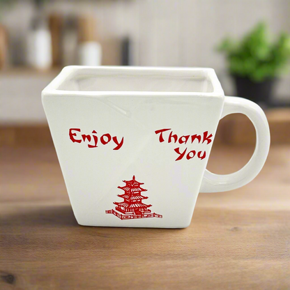 ceramic mug designed to look like a chinese food takeout container